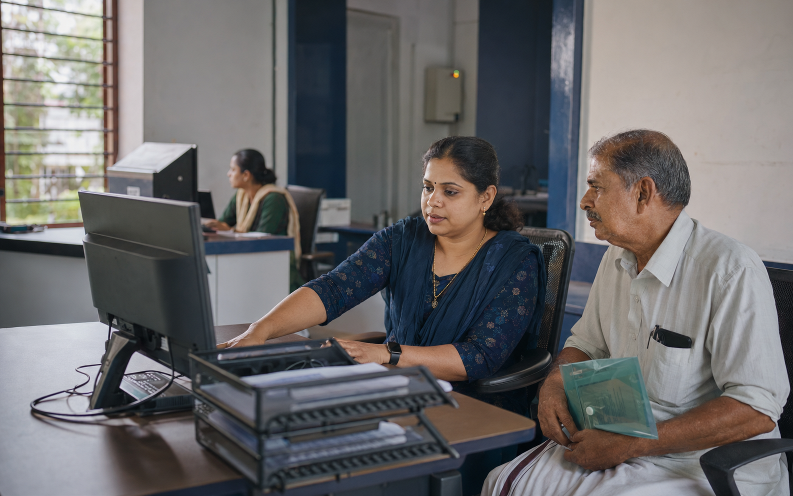 Business owner receiving online trade licence renewal assistance at an Akshaya service centre